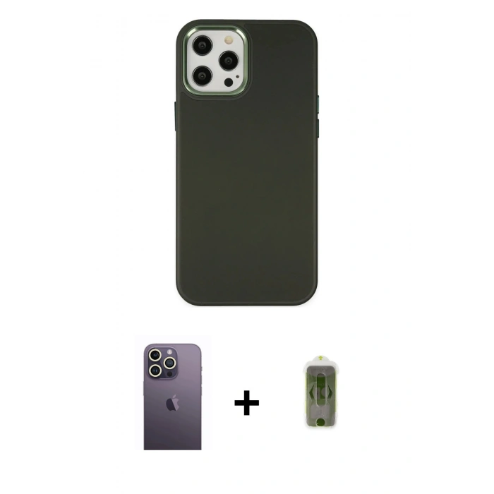 MARSİLYAN™- iPhone 12 Pro Max Kılıf Çekirdek Çizgi - Siyah Joko Magic 5D Hayalet Cam + Neon Fosforlu Kamera Lens - BZ