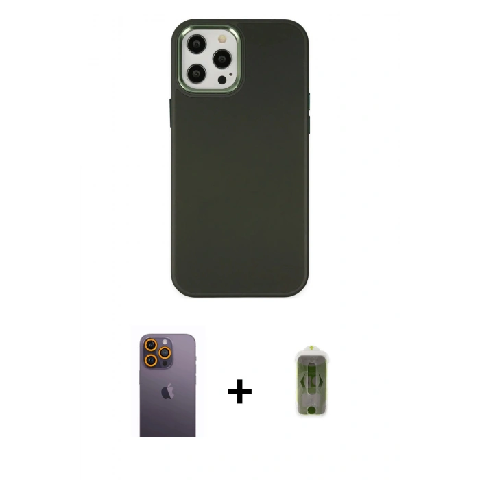 MARSİLYAN™- iPhone 12 Pro Max Kılıf Çekirdek Çizgi - Siyah Joko Magic 5D Hayalet Cam + Sarı Neon Fosforlu Kamera Lens