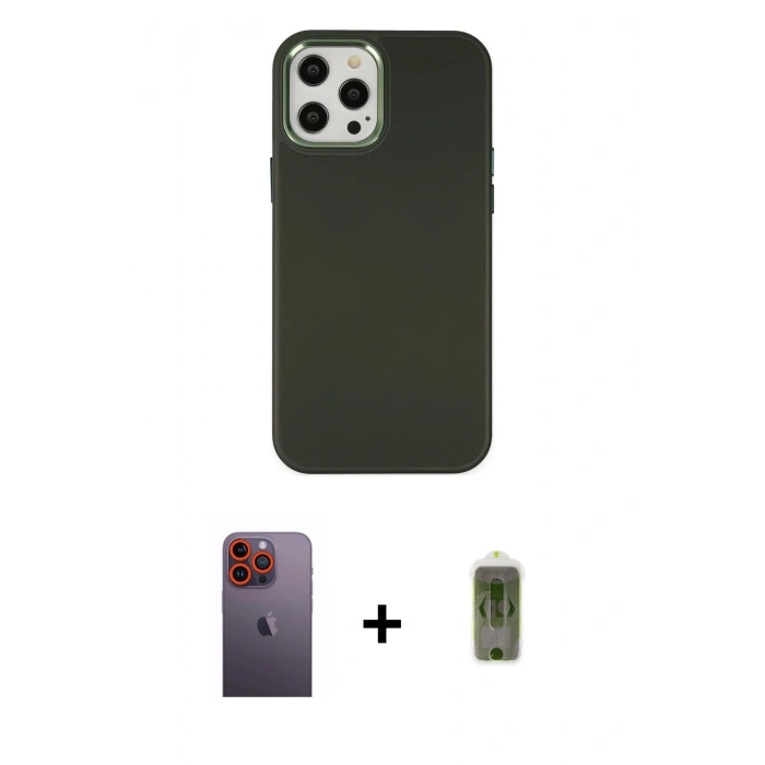 MARSİLYAN™- iPhone 12 Pro Max Kılıf Çekirdek Çizgi - Siyah Joko Magic 5D Hayalet Cam + Neon Fosforlu Kamera Lens - TU
