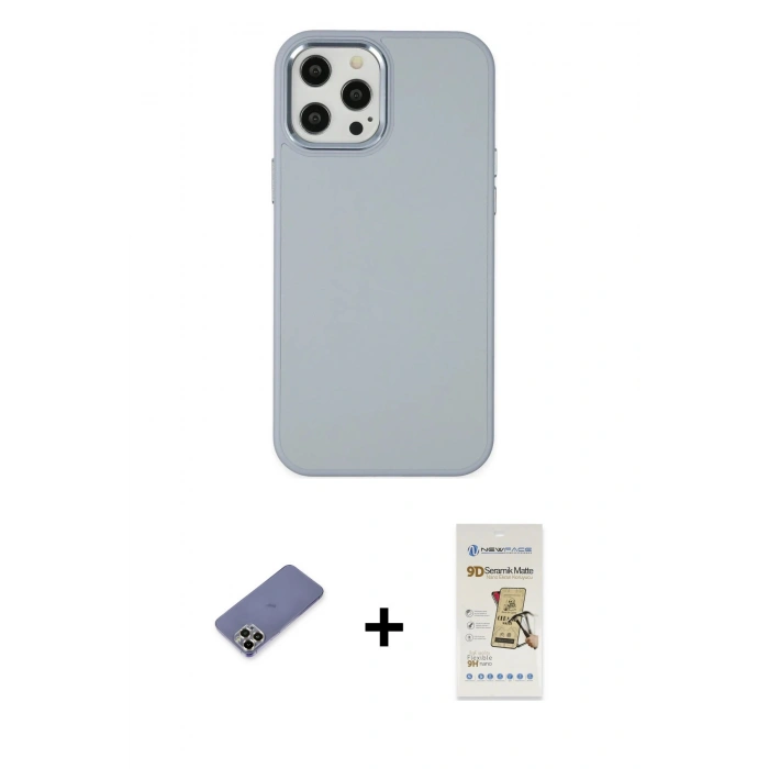 MARSİLYAN™- iPhone 12 Pro Max Kılıf Çekirdek Çizgi - Siyah Mat Seramik Nano Ekran Koruyucu + Metal Kamera Lens Koruma Cam - GD