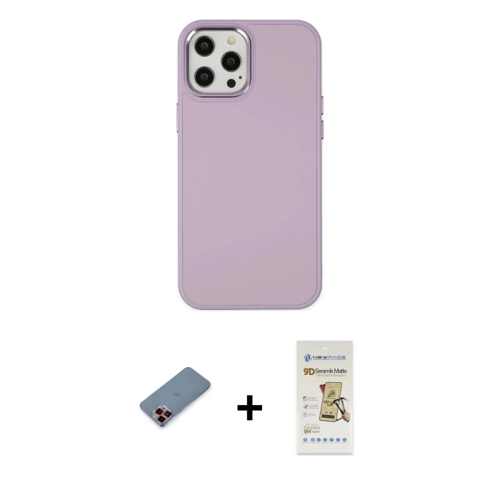 MARSİLYAN™- iPhone 12 Pro Max Kılıf Çekirdek Çizgi - Siyah Mat Seramik Nano Ekran Koruyucu + Metal Kamera Lens Koruma Cam - KI