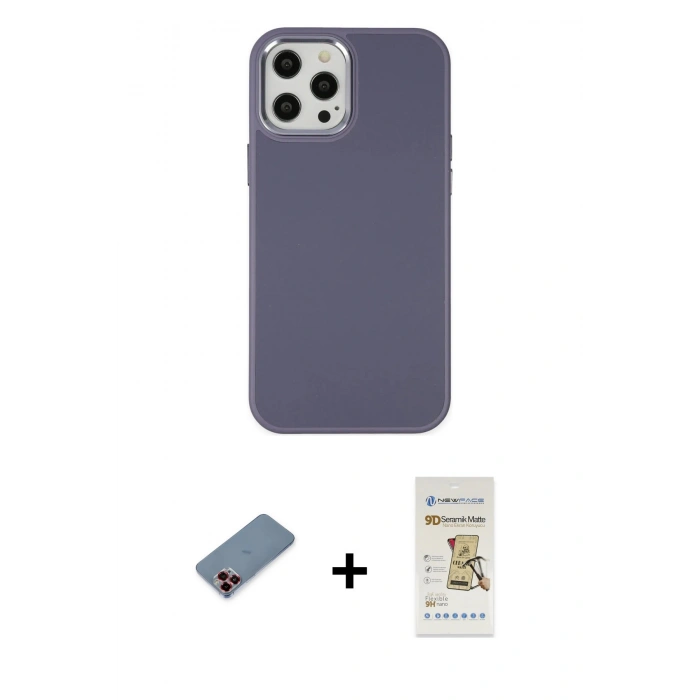 MARSİLYAN™- iPhone 12 Pro Max Kılıf Çekirdek Çizgi - Siyah Mat Seramik Nano Ekran Koruyucu + Metal Kamera Lens Koruma Cam - KI