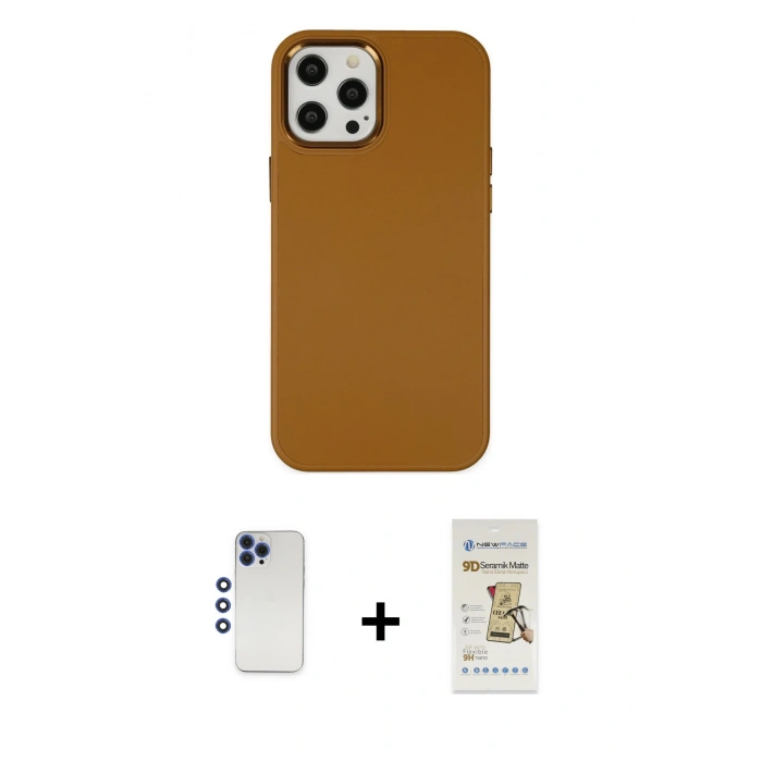 MARSİLYAN™- iPhone 12 Pro Max Kılıf Çekirdek Çizgi - Siyah Mat Seramik Nano Ekran Koruyucu + Shine Kamera Lens - LT