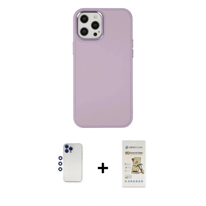 MARSİLYAN™- iPhone 12 Pro Max Kılıf Çekirdek Çizgi - Siyah Mat Seramik Nano Ekran Koruyucu + Shine Kamera Lens - LT