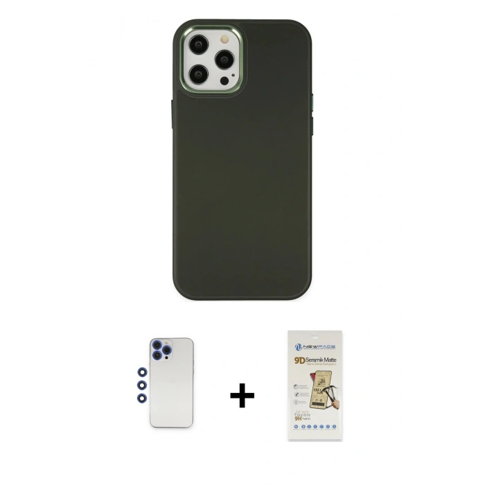 MARSİLYAN™- iPhone 12 Pro Max Kılıf Çekirdek Çizgi - Siyah Mat Seramik Nano Ekran Koruyucu + Shine Kamera Lens - LT