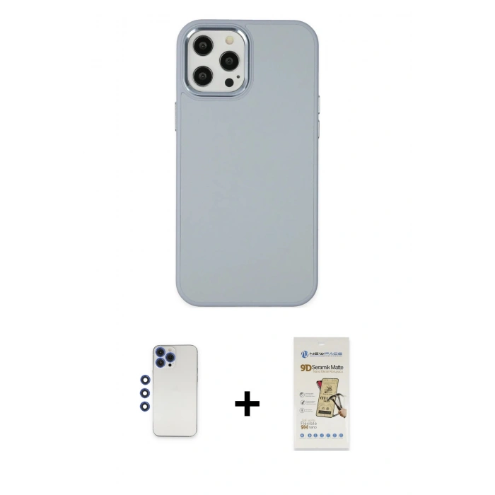 MARSİLYAN™- iPhone 12 Pro Max Kılıf Çekirdek Çizgi - Siyah Mat Seramik Nano Ekran Koruyucu + Shine Kamera Lens - LT