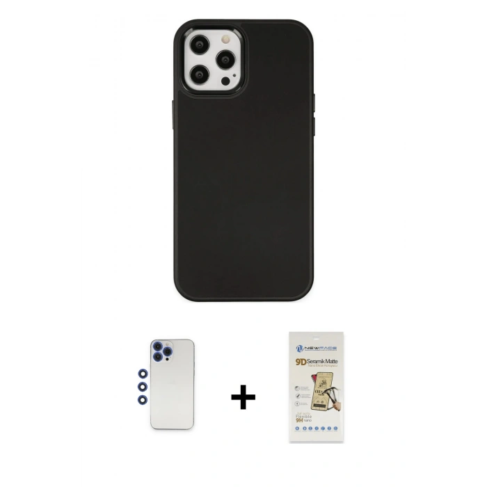 MARSİLYAN™- iPhone 12 Pro Max Kılıf Çekirdek Çizgi - Siyah Mat Seramik Nano Ekran Koruyucu + Shine Kamera Lens - LT