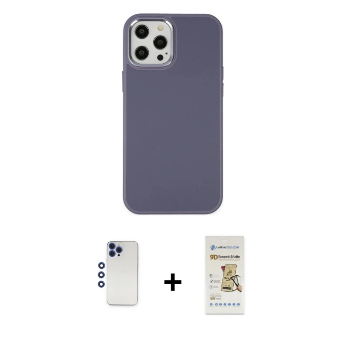 MARSİLYAN™- iPhone 12 Pro Max Kılıf Çekirdek Çizgi - Siyah Mat Seramik Nano Ekran Koruyucu + Shine Kamera Lens - LT