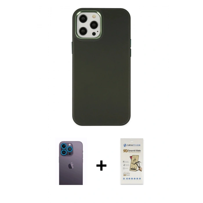 MARSİLYAN™- iPhone 12 Pro Max Kılıf Çekirdek Çizgi - Siyah Mat Seramik Nano Ekran Koruyucu + Neon Fosforlu Kamera Lens - MI