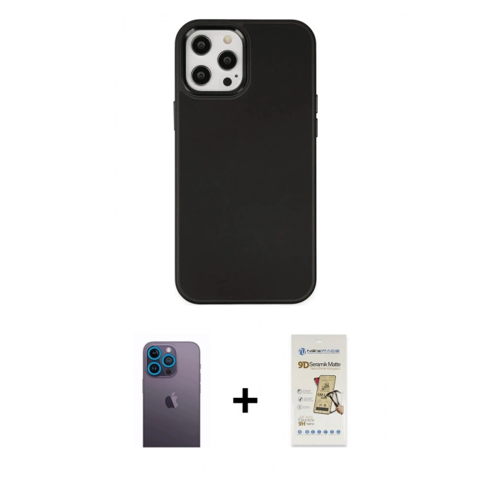 MARSİLYAN™- iPhone 12 Pro Max Kılıf Çekirdek Çizgi - Siyah Mat Seramik Nano Ekran Koruyucu + Neon Fosforlu Kamera Lens - MI