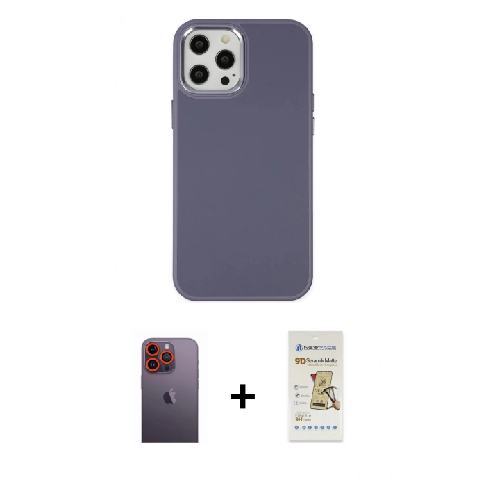 MARSİLYAN™- iPhone 12 Pro Max Kılıf Çekirdek Çizgi - Siyah Mat Seramik Nano Ekran Koruyucu + Neon Fosforlu Kamera Lens - TU