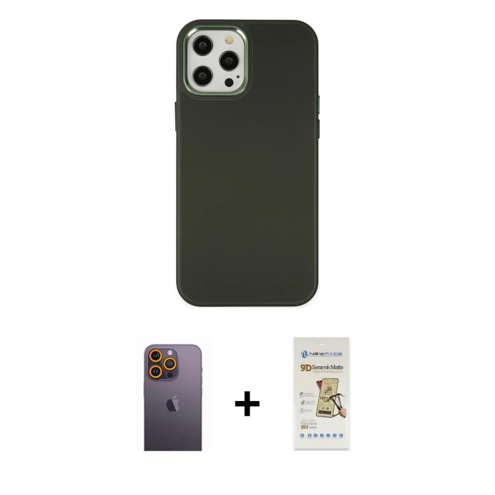 MARSİLYAN™- iPhone 12 Pro Max Kılıf Çekirdek Çizgi - Siyah Mat Seramik Nano Ekran Koruyucu + Neon Fosforlu Kamera Lens - SI