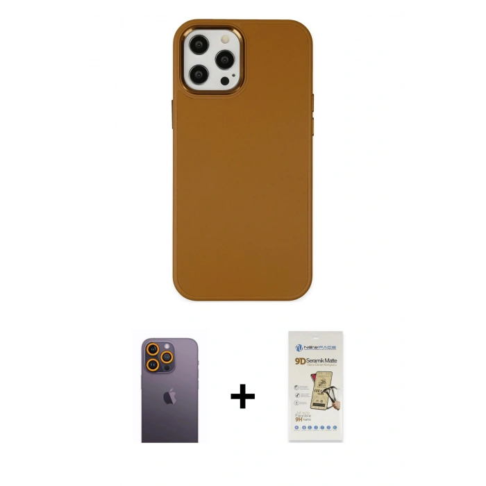 MARSİLYAN™- iPhone 12 Pro Max Kılıf Çekirdek Çizgi - Siyah Mat Seramik Nano Ekran Koruyucu + Neon Fosforlu Kamera Lens - SI