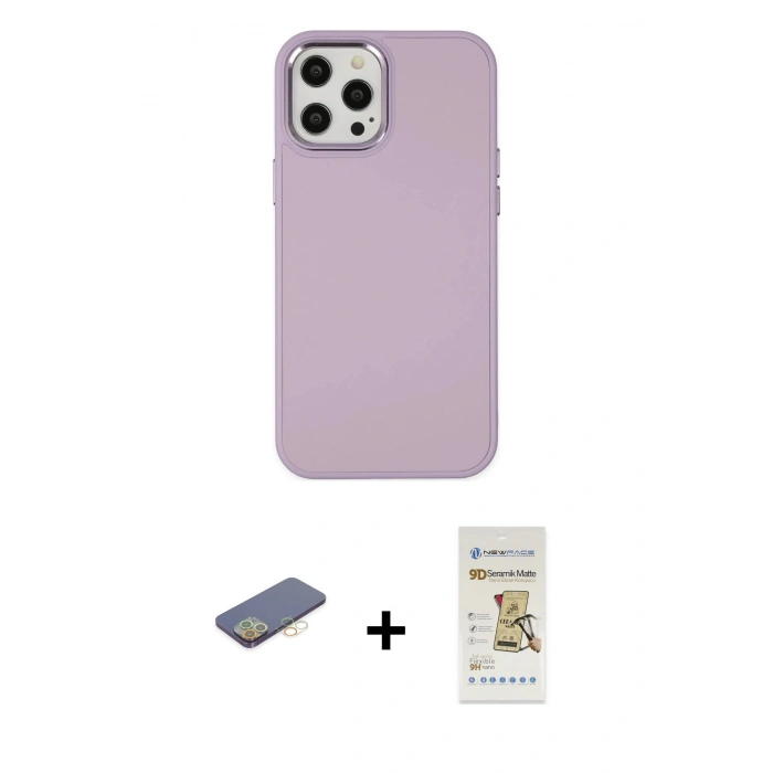 MARSİLYAN™- iPhone 12 Pro Max Kılıf Çekirdek Çizgi - Siyah Mat Seramik Nano Ekran Koruyucu + Renkli Kamera Lens Koruma Cam - SI