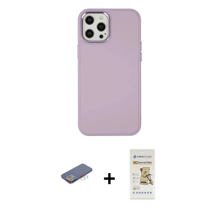 MARSİLYAN™- iPhone 12 Pro Max Kılıf Çekirdek Çizgi - Siyah Mat Seramik Nano Ekran Koruyucu + Renkli Kamera Lens Koruma Cam - MI