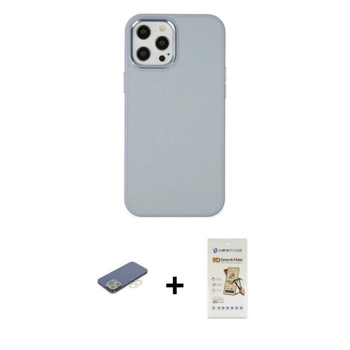 MARSİLYAN™- iPhone 12 Pro Max Kılıf Çekirdek Çizgi - Siyah Mat Seramik Nano Ekran Koruyucu + Renkli Kamera Lens Koruma Cam - YL
