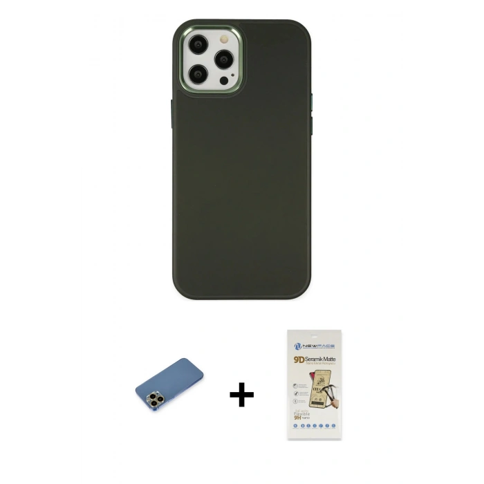 MARSİLYAN™- iPhone 12 Pro Max Kılıf Çekirdek Çizgi - Siyah Mat Seramik Nano Ekran Koruyucu + Shine Kamera Lens Koruma Cam - GD