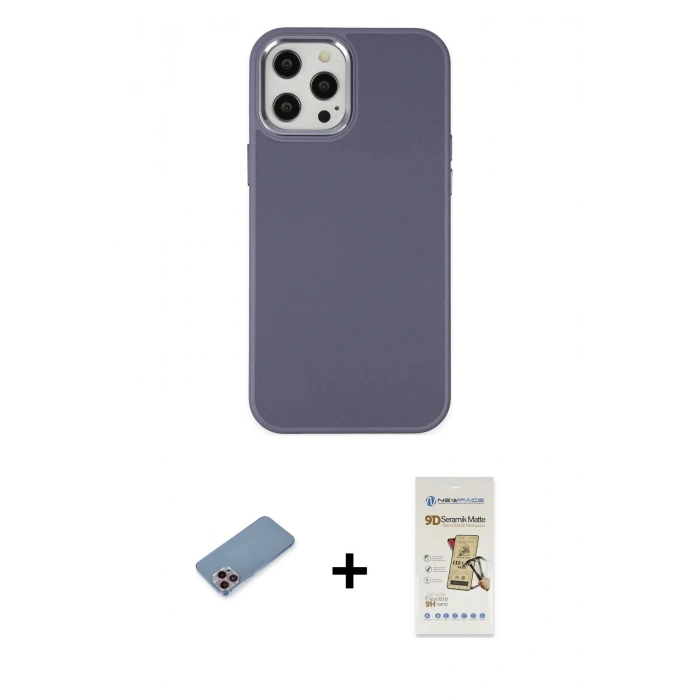 MARSİLYAN™- iPhone 12 Pro Max Kılıf Çekirdek Çizgi - Siyah Mat Seramik Nano Ekran Koruyucu + Shine Kamera Lens Koruma Cam - PE