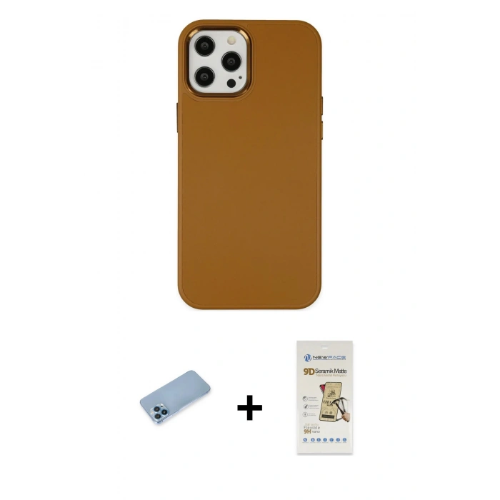 MARSİLYAN™- iPhone 12 Pro Max Kılıf Çekirdek Çizgi - Siyah Mat Seramik Nano Ekran Koruyucu + Shine Kamera Lens Koruma Cam - MI