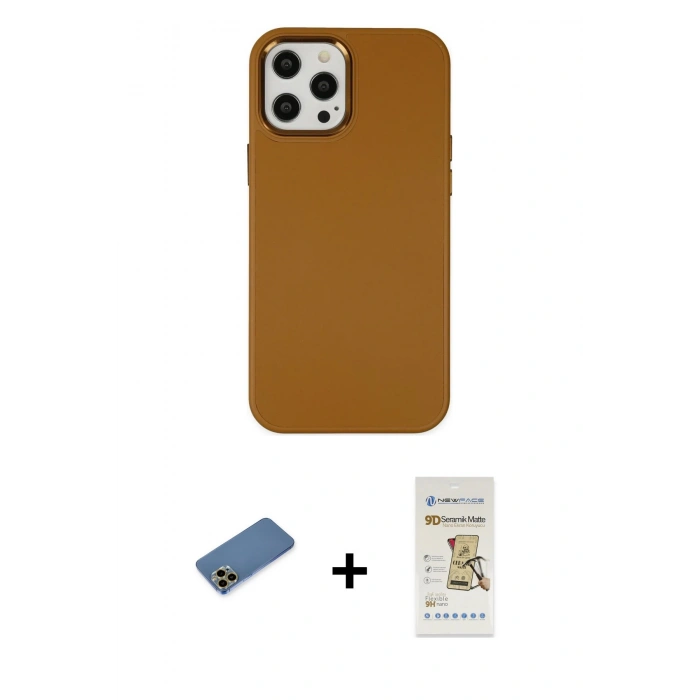MARSİLYAN™- iPhone 12 Pro Max Kılıf Çekirdek Çizgi - Siyah Mat Seramik Nano Ekran Koruyucu + Shine Kamera Lens Koruma Cam - GD