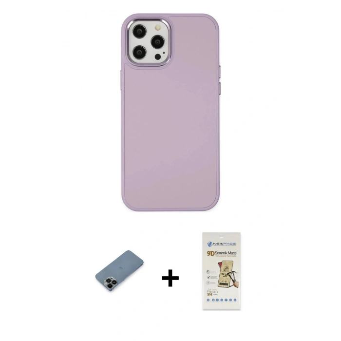 MARSİLYAN™- iPhone 12 Pro Max Kılıf Çekirdek Çizgi - Siyah Mat Seramik Nano Ekran Koruyucu + Shine Kamera Lens Koruma Cam - SH