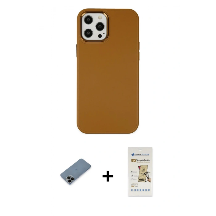 MARSİLYAN™- iPhone 12 Pro Max Kılıf Çekirdek Çizgi - Siyah Mat Seramik Nano Ekran Koruyucu + Shine Kamera Lens Koruma Cam - SH