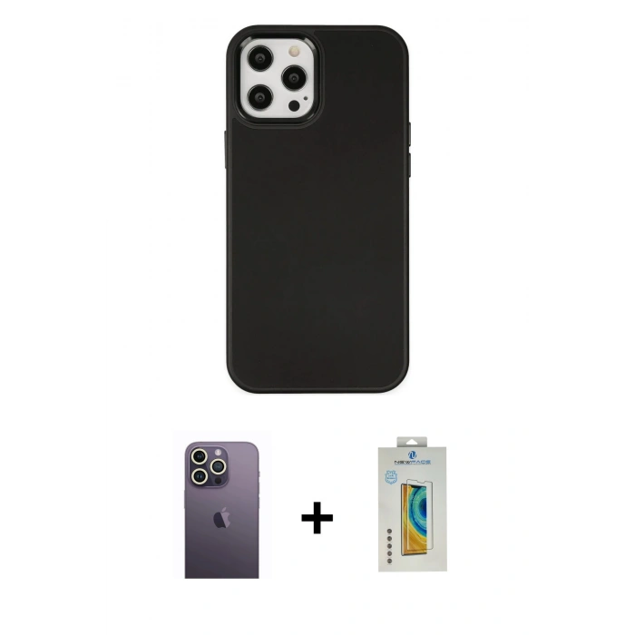 MARSİLYAN™- iPhone 12 Pro Max Kılıf Çekirdek Çizgi - Siyah Polymer Nano Ekran Koruyucu + Neon Fosforlu Kamera Lens - BZ