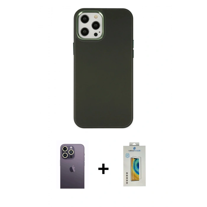MARSİLYAN™- iPhone 12 Pro Max Kılıf Çekirdek Çizgi - Siyah Polymer Nano Ekran Koruyucu + Neon Fosforlu Kamera Lens - BZ