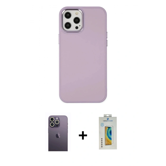 MARSİLYAN™- iPhone 12 Pro Max Kılıf Çekirdek Çizgi - Siyah Polymer Nano Ekran Koruyucu + Neon Fosforlu Kamera Lens - BZ