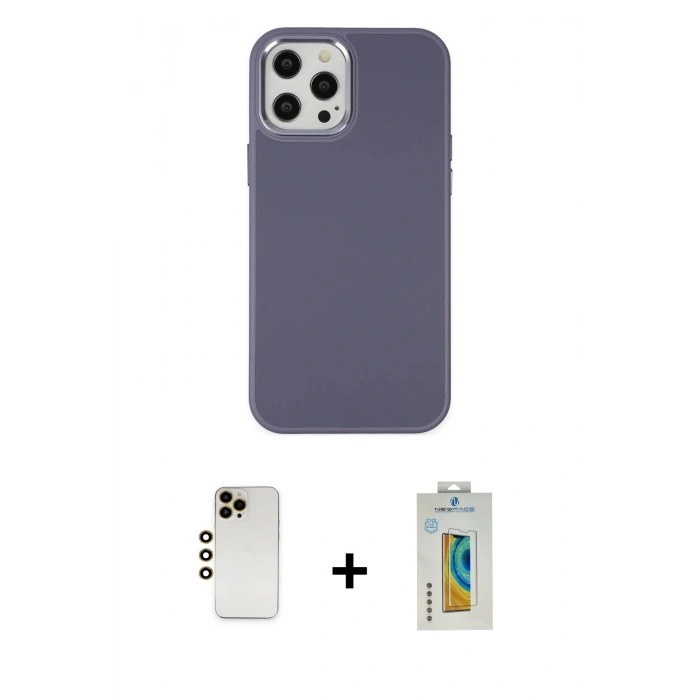 MARSİLYAN™- iPhone 12 Pro Max Kılıf Çekirdek Çizgi - Siyah Polymer Nano Ekran Koruyucu + Gold Shine Kamera Lens