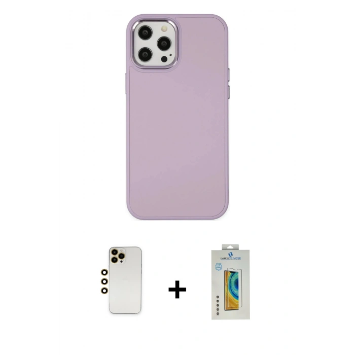 MARSİLYAN™- iPhone 12 Pro Max Kılıf Çekirdek Çizgi - Siyah Polymer Nano Ekran Koruyucu + Gold Shine Kamera Lens