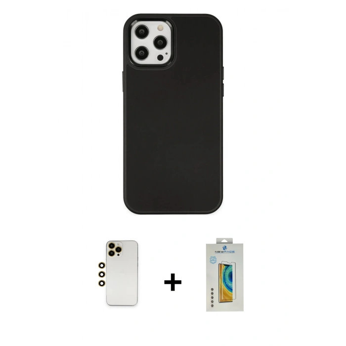 MARSİLYAN™- iPhone 12 Pro Max Kılıf Çekirdek Çizgi - Siyah Polymer Nano Ekran Koruyucu + Gold Shine Kamera Lens