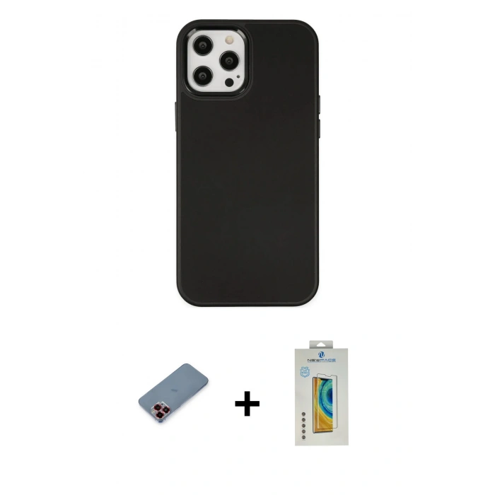 MARSİLYAN™- iPhone 12 Pro Max Kılıf Çekirdek Çizgi - Siyah Polymer Nano Ekran Koruyucu + Metal Kamera Lens Koruma Cam - KI