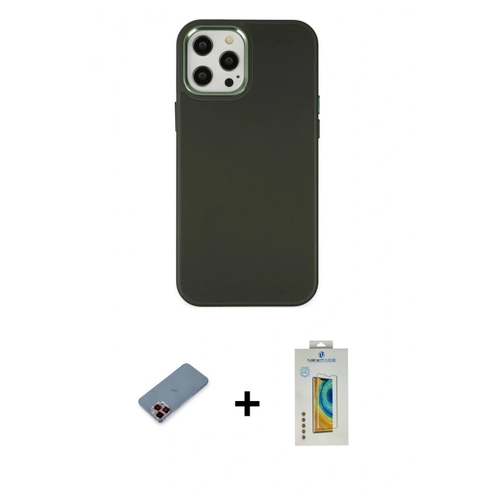 MARSİLYAN™- iPhone 12 Pro Max Kılıf Çekirdek Çizgi - Siyah Polymer Nano Ekran Koruyucu + Metal Kamera Lens Koruma Cam - KI