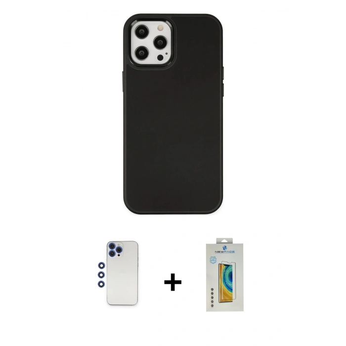 MARSİLYAN™- iPhone 12 Pro Max Kılıf Çekirdek Çizgi - Siyah Polymer Nano Ekran Koruyucu + Lacivert Shine Kamera Lens