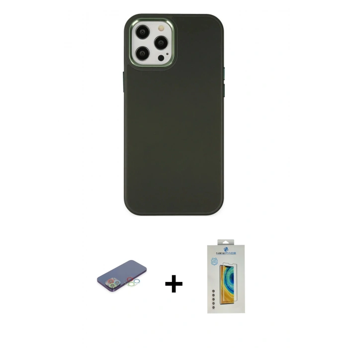 MARSİLYAN™- iPhone 12 Pro Max Kılıf Çekirdek Çizgi - Siyah Polymer Nano Ekran Koruyucu + Renkli Kamera Lens Koruma Cam - MI