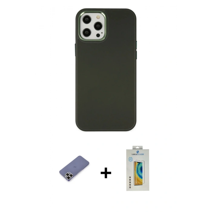 MARSİLYAN™- iPhone 12 Pro Max Kılıf Çekirdek Çizgi - Siyah Polymer Nano Ekran Koruyucu + Metal Kamera Lens Koruma Cam - GD