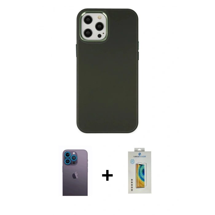 MARSİLYAN™- iPhone 12 Pro Max Kılıf Çekirdek Çizgi - Siyah Polymer Nano Ekran Koruyucu + Neon Fosforlu Kamera Lens - MI