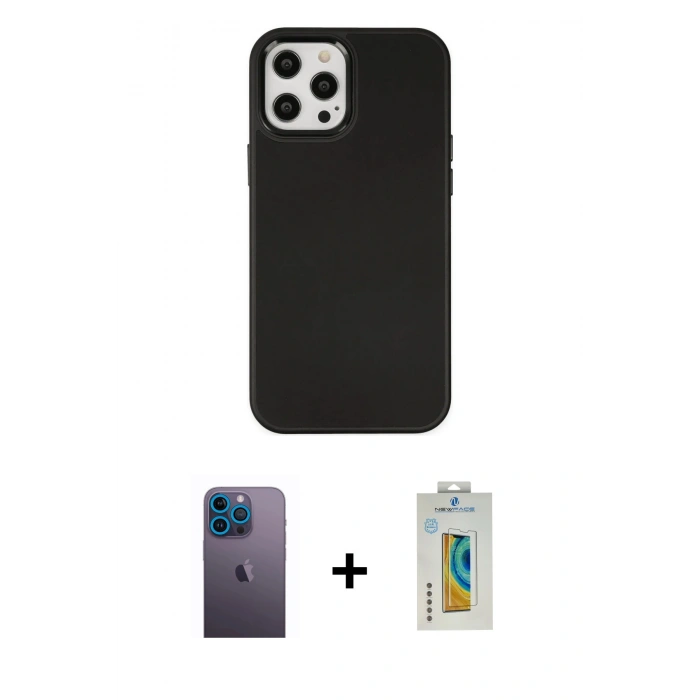 MARSİLYAN™- iPhone 12 Pro Max Kılıf Çekirdek Çizgi - Siyah Polymer Nano Ekran Koruyucu + Neon Fosforlu Kamera Lens - MI