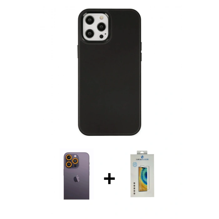 MARSİLYAN™- iPhone 12 Pro Max Kılıf Çekirdek Çizgi - Siyah Polymer Nano Ekran Koruyucu + Neon Fosforlu Kamera Lens - SI