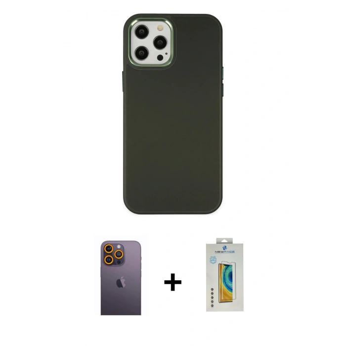 MARSİLYAN™- iPhone 12 Pro Max Kılıf Çekirdek Çizgi - Siyah Polymer Nano Ekran Koruyucu + Neon Fosforlu Kamera Lens - SI