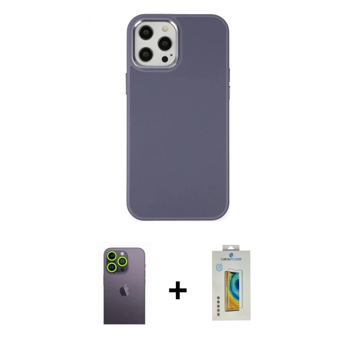 MARSİLYAN™- iPhone 12 Pro Max Kılıf Çekirdek Çizgi - Siyah Polymer Nano Ekran Koruyucu + Neon Fosforlu Kamera Lens - YL