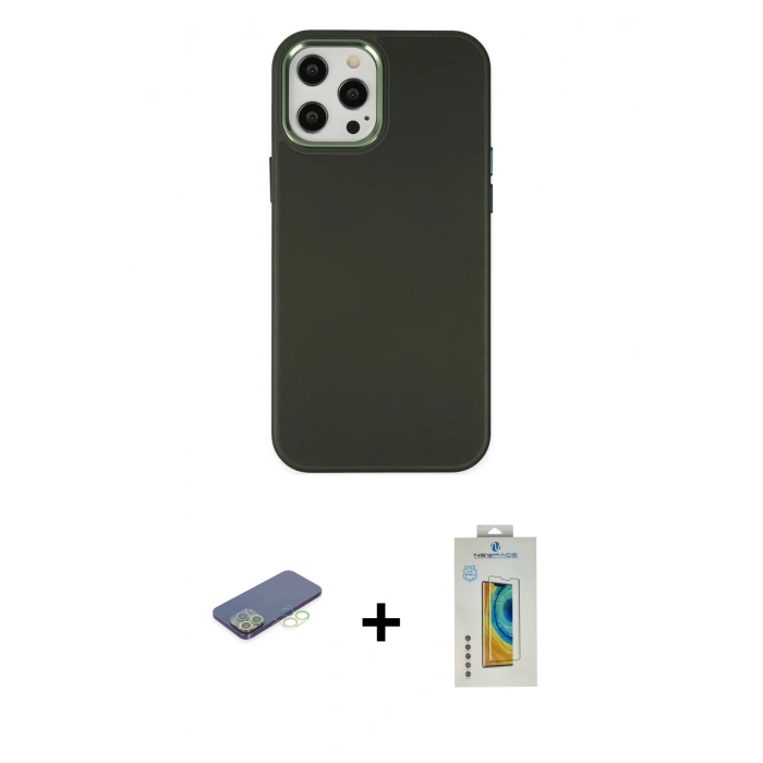 MARSİLYAN™- iPhone 12 Pro Max Kılıf Çekirdek Çizgi - Siyah Polymer Nano Ekran Koruyucu + Renkli Kamera Lens Koruma Cam - YL