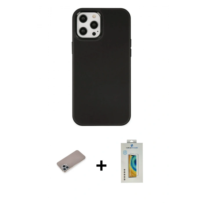 MARSİLYAN™- iPhone 12 Pro Max Kılıf Çekirdek Çizgi - Siyah Polymer Nano Ekran Koruyucu + Shine Kamera Lens Koruma Cam - SABE