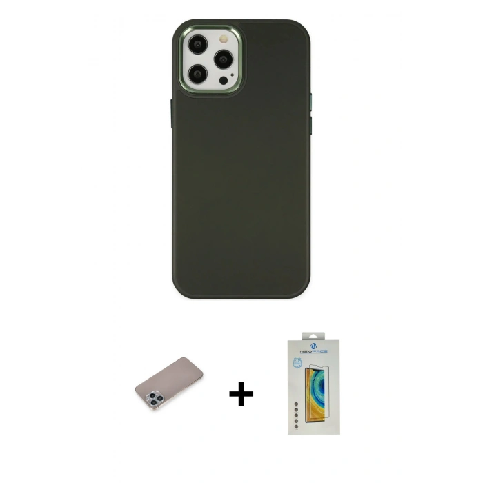 MARSİLYAN™- iPhone 12 Pro Max Kılıf Çekirdek Çizgi - Siyah Polymer Nano Ekran Koruyucu + Shine Kamera Lens Koruma Cam - SABE