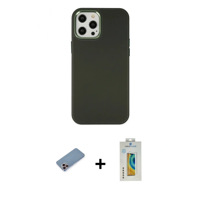 MARSİLYAN™- iPhone 12 Pro Max Kılıf Çekirdek Çizgi - Siyah Polymer Nano Ekran Koruyucu + Shine Kamera Lens Koruma Cam - PE