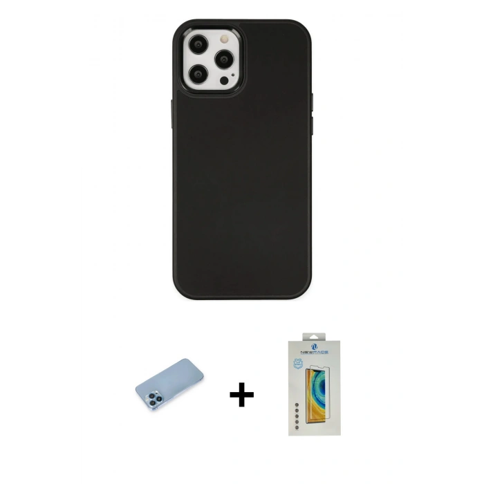 MARSİLYAN™- iPhone 12 Pro Max Kılıf Çekirdek Çizgi - Siyah Polymer Nano Ekran Koruyucu + Shine Kamera Lens Koruma Cam - MI