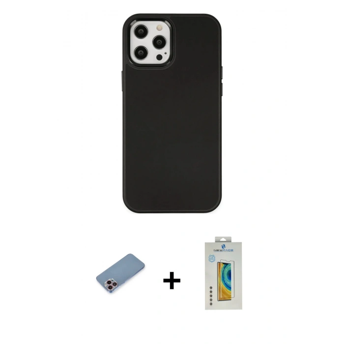 MARSİLYAN™- iPhone 12 Pro Max Kılıf Çekirdek Çizgi - Siyah Polymer Nano Ekran Koruyucu + Shine Kamera Lens Koruma Cam - PE