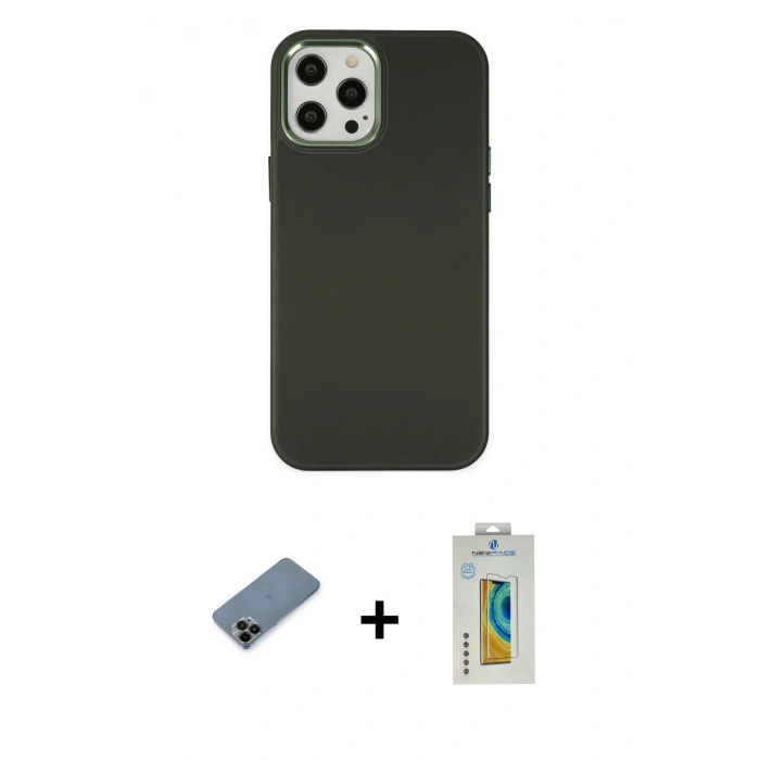 MARSİLYAN™- iPhone 12 Pro Max Kılıf Çekirdek Çizgi - Siyah Polymer Nano Ekran Koruyucu + Shine Kamera Lens Koruma Cam - SH