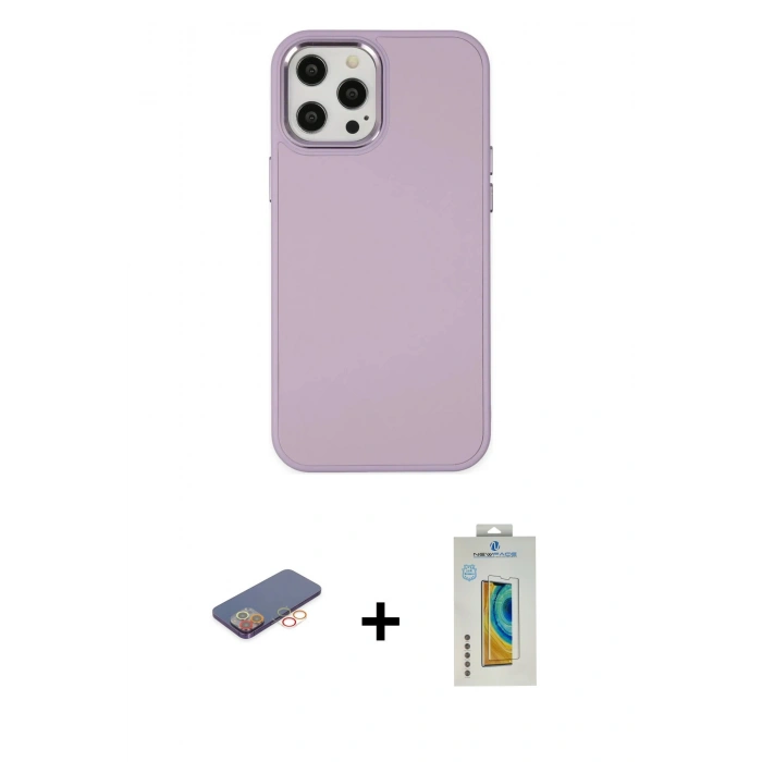 MARSİLYAN™- iPhone 12 Pro Max Kılıf Çekirdek Çizgi - Siyah Polymer Nano Ekran Koruyucu + Turuncu Renkli Kamera Lens Koruma Cam